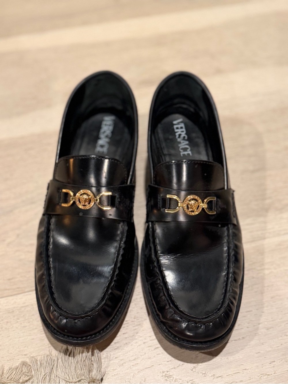 Versace Black Leather Women's Loafers with Gold Medusa Hardware
